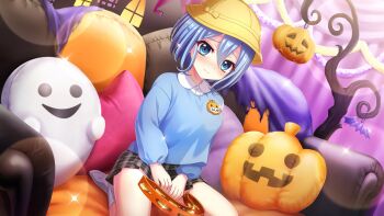 1girl bat_ornament black_skirt blue_eyes blue_hair blue_shirt blush breasts closed_mouth couch curtains dot_nose dutch_angle film_grain game_cg ghost ghost-shaped_pillow hair_between_eyes halloween halloween_costume hands_on_lap hat holding holding_tambourine indoors instrument izumi_tsubasu jack-o&#039;-lantern kindergarten_uniform large_breasts lens_flare long_sleeves looking_at_viewer miniskirt nakano_rinka name_tag non-web_source official_art on_couch pillow plaid_clothes plaid_skirt re:stage! school_hat shirt short_hair sitting skirt socks solo sparkle tambourine tinsel tree wariza white_socks yellow_hat