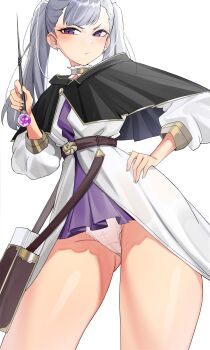 1girl absurdres black_capelet black_clover capelet dress ear_piercing highres holding holding_wand kiritzugu noelle_silva panties piercing purple_eyes short_dress short_twintails simple_background solo twintails underwear wand white_background white_panties
