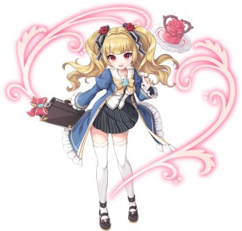 Rule 34 | 1girl, artist request, bag, blonde hair, bow, breasts, dress, elizabeth bathory (legend clover), flower, full body, game cg, hair flower, hair ornament, hand in own hair, highres, holding, holding bag, legend clover, official alternate costume, official art, open mouth, school uniform, solo, third-party source, transparent background