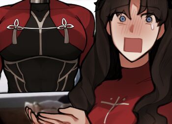 1boy 1girl abs archer_(fate) armor black_hair blue_eyes blush car_interior coat covered_abs cupping_hands fate/stay_night fate_(series) highres large_pectorals looking_at_viewer meme muscular muscular_male nose_blush open_mouth own_hands_together pectorals red_coat sray_xxn tearing_up tohsaka_rin woman_scared_of_breasts_(meme)