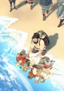 2girls 6+boys age_comparison aged_down arm_wrap armor artist_name backpack bag bald beach beaniewinnie96 beard black_hair blue_robe blue_sky boots braid braided_beard brigan_of_izganda brown_pants cat_tail chest_hair chilchuck_tims child commentary covered_mouth crying dated day different_reflection dungeon_meshi dwarf english_commentary facial_hair fake_horns from_above gillin_of_izganda goggles grey_hair grey_shirt hair_pulled_back hammer hand_on_another's_head hands_on_own_hips headpat helmet highres holding holding_hammer horned_helmet horns invar_of_izganda izutsumi laios_touden long_beard long_sleeves looking_at_another looking_down marcille_donato multiple_boys multiple_girls mustache nature null_milchain ocean official_alternate_hairstyle on_ground out_of_frame outdoors pants plate_armor ponytail red_hair red_shirt reflected_worlds reflection robe scroll senshi_(dungeon_meshi) shirt shore short_hair sky sleeveless solo_focus staff standing sunlight tail topless_male totan_of_dozahk unworn_headwear unworn_helmet walking white_pants wok