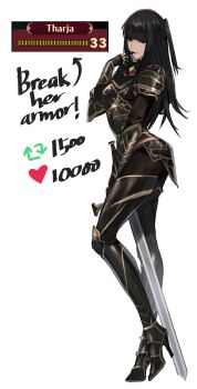 1girl absurdres alternate_costume armor black_eyes black_hair blunt_bangs breastplate english_text female_focus fire_emblem fire_emblem_awakening full_body gauntlets greaves highres j@ck like_and_retweet long_hair matching_hair/eyes nintendo pauldrons shoulder_armor solo sword tharja_(fire_emblem) twitter_strip_game two_side_up weapon