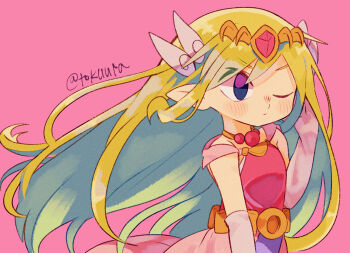 1girl artist_name blonde_hair commentary_request dress elbow_gloves gloves highres jewelry light_blush long_hair necklace nintendo one_eye_closed pink_background pink_dress pointy_ears princess_zelda simple_background solo the_legend_of_zelda the_legend_of_zelda:_the_wind_waker tiara tokuura toon_zelda twitter_username upper_body