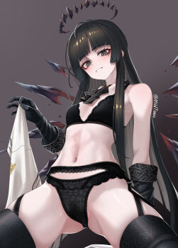 1girl absurdres antenna_hair arknights arm_support armpit_crease artist_name ascot ass bare_arms bare_shoulders black_ascot black_bra black_eyes black_garter_belt black_gloves black_hair black_halo black_panties black_thighhighs black_wings blunt_bangs blurry blurry_background blush bra breasts breasts_apart broken_halo brown_background collarbone colored_inner_hair come_hither commentary cowboy_shot dark_halo depth_of_field detached_wings diamond-shaped_pupils diamond_(shape) energy_wings eyelashes from_below garter_belt gloves gradient_background grey_hair grin halo hand_up highres hime_cut holding holding_jacket holding_unworn_clothes jacket lace lace-trimmed_bra lace-trimmed_garter_belt lace-trimmed_panties lace_trim lingerie long_hair looking_at_viewer looking_down mildt mole mole_under_eye multicolored_hair naughty_face navel panties parted_lips shadow sidelocks small_breasts smile solo stomach straight_hair symbol-shaped_pupils teeth thighhighs thighs twitter_username two-tone_hair underwear underwear_only unworn_jacket very_long_hair virtuosa_(arknights) white_jacket wings yellow_pupils