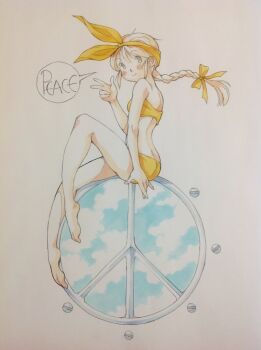 1girl bare_legs barefoot bikini blonde_hair blue_sky bow bow_hairband brown_hair closed_mouth cloud commentary_request don_&amp;_pattchi english_text from_side hair_bow hairband hand_up highres knee_up long_hair looking_at_viewer looking_to_the_side pattchi_(don_&amp;_pattchi) peace_symbol peter_salt sitting sky smile solo speech_bubble strapless strapless_bikini swimsuit traditional_media w yellow_bikini yellow_bow yellow_hairband