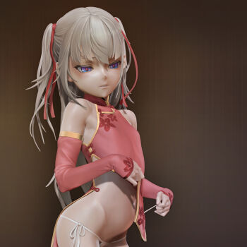 1girl 3d alice_(as109) as109 bad_id bad_pixiv_id bare_shoulders blonde_hair blue_eyes borrowed_character bow china_dress chinese_clothes city_no.109 covered_navel detached_sleeves dress female_focus finger_to_mouth flat_chest from_below hair_bow highres leslyzerosix lips loli long_hair open_mouth panties pink_bow side-tie_panties soles solo stuffed_animal stuffed_toy teddy_bear tongue tongue_out twintails underwear undressing