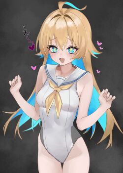 1girl :d absurdres ahoge aqua_eyes aqua_hair bare_arms bare_shoulders blonde_hair blush breasts colored_inner_hair commentary_request cowboy_shot fang grey_background hair_between_eyes hair_ornament hands_up heart highres leotard long_hair looking_at_viewer medium_breasts multicolored_hair multicolored_leotard neckerchief open_mouth ralmia_(shadowverse) ritaiya sailor_collar shadowverse shadowverse:_worlds_beyond simple_background smile solo star-shaped_pupils star_(symbol) symbol-shaped_pupils thigh_gap translation_request two-tone_hair white_leotard white_sailor_collar yellow_neckerchief