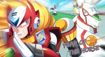 Rule 34 | 1girl, 2boys, absurdres, armor, blonde hair, blue eyes, brown hair, chest jewel, chinese zodiac, clenched teeth, commentary, dress, english commentary, english text, forehead jewel, helmet, highres, iris (mega man), long hair, mega man (series), mega man x5, mega man x (series), multiple boys, non-humanoid robot, racing, red armor, red helmet, rob (robarts), robot, robot animal, robot horse, running, spiral pegasus, teeth, upper body, white dress, year of the horse, zero (mega man)