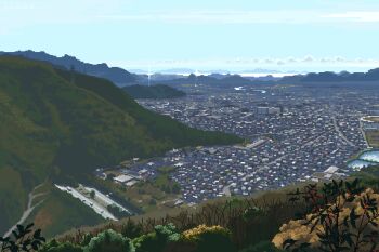 animated animated_gif bird bush car city cityscape cloud commentary day english_commentary hawk highway holly iemon_(iweymon) looping_animation motor_vehicle mountain mountainous_horizon no_humans original pixel_art road scenery sky sparkle