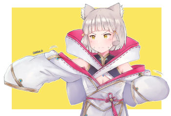 Rule 34 | 1girl, animal ear fluff, animal ears, blush, border, breasts, cat ears, cat girl, cleavage, commentary, english commentary, facial mark, grey hair, highres, looking to the side, meidza d, nia (xenoblade), outside border, short hair, simple background, solo, standing, upper body, v-shaped eyebrows, whisker markings, white border, xenoblade chronicles (series), xenoblade chronicles 3, yellow background, yellow eyes