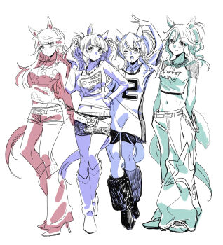 4girls ;d alternate_costume baggy_pants belt camisole daitaku_helios_(umamusume) ear_covers full_body gold_city_(umamusume) hair_between_eyes high_heels highres horse_girl jewelry limited_palette looking_at_viewer mejiro_palmer_(umamusume) midriff multiple_girls multiple_monochrome navel necklace ohayonabeno one_eye_closed open_mouth pants ponytail shirt shorts side_ponytail smile swept_bangs tosen_jordan_(umamusume) umamusume