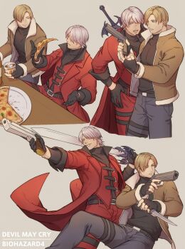 2boys absurdres aiming asymmetrical_dual_wielding black_gloves black_shirt blonde_hair blue_pants brown_coat coat commentary_request copyright_name cup dante_(devil_may_cry) dbox_2525 devil_may_cry_(series) devil_may_cry_1 dual_wielding fighting_stance fingerless_gloves food fur-trimmed_coat fur_trim gloves grey_background grey_hair gun hair_over_one_eye hand_on_own_hip handgun highres holding holding_cup holding_food holding_gun holding_knife holding_pizza holding_weapon knife leon_s._kennedy long_coat male_focus multiple_boys open_mouth pants parted_bangs parted_lips pizza pizza_slice red_coat red_pants red_vest resident_evil resident_evil_4 shirt short_hair sitting sleeves_rolled_up smile sword sword_on_back talking thigh_strap vest weapon weapon_on_back