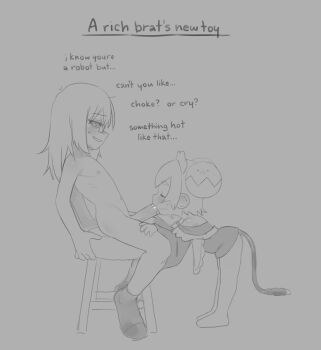 1boy 1girl dorothree_(pettankon) double_bun english_text fellatio glasses grey_background greyscale hair_bun highres loli long_hair maid_headdress medium_hair monochrome oral original penis pettankon simple_background tongue tongue_out