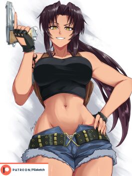 Rule 34 | 1girl, artist name, bare shoulders, belt, black gloves, black lagoon, black tank top, blue shorts, breasts, collarbone, commentary, crop top, english commentary, fgsketch, fingerless gloves, gloves, grin, groin, gun, hand on own hip, handgun, highres, holding, holding gun, holding weapon, long hair, midriff, navel, patreon logo, patreon username, purple hair, revy (black lagoon), short shorts, shorts, signature, smile, standing, tank top, weapon, yellow eyes
