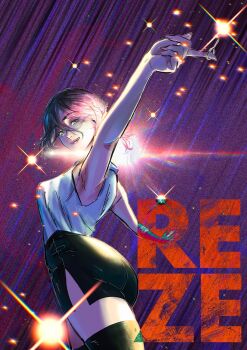 1girl arigatooosan ass black_shorts black_thighhighs breasts chainsaw_man character_name collared_shirt green_eyes grenade_pin hair_between_eyes highres large_breasts outstretched_arms purple_hair reze_(chainsaw_man) shirt shorts sleeveless sleeveless_shirt solo thighhighs white_shirt