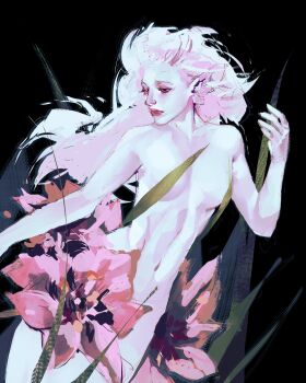 1girl absurdres black_background commentary english_commentary expressionless floating_hair flower hand_up highres lily_(flower) looking_to_the_side mermaid monster_girl original outstretched_arm oversized_plant painterly pink_eyes pink_hair pink_lips pointy_ears simple_background solo toned toned_female twulfs