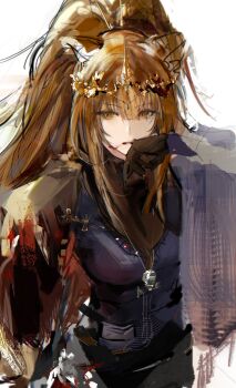 Rule 34 | 1girl, 3 4month, animal ears, arknights, black gloves, blood, blood on face, breasts, brown eyes, brown hair, gloves, highres, jewelry, lion ears, lion girl, long hair, looking at viewer, official alternate costume, parted lips, ponytail, siege (arknights), simple background, sketch, solo, tiara, upper body, vest, vina victoria (arknights), white background