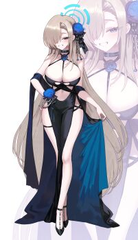 1girl absurdres asuna_(blue_archive) bare_shoulders black_choker black_dress black_shoes blue_archive blue_eyes blue_flower blue_halo blush breasts brown_hair choker cleavage commentary dress flower full_body grin hair_over_one_eye halo hand_on_own_hip highres kyundoo large_breasts leaning_forward long_hair looking_at_viewer pelvic_curtain shoes simple_background sleeveless sleeveless_dress smile standing very_long_hair white_background zoom_layer