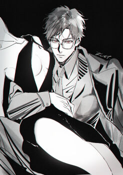 Rule 34 | 1boy, 1girl, arm around waist, bare legs, black background, breasts, cleavage cutout, clothing cutout, coat, coat on shoulders, collared shirt, dress, glasses, greyscale, hashtag-only commentary, head out of frame, large breasts, light and night love, looking at viewer, lu chen, male focus, monochrome, necktie, no bra, pants, red eyes, shirt, short hair, sleeveless, sleeveless dress, spot color, upper body, yantou hstone