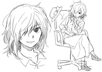 Rule 34 | 1girl, black shoes, buttons, collared shirt, commentary, dress shirt, hair over one eye, no headwear, open mouth, partially unbuttoned, re ghotion, shirt, shoes, simple background, sitting, sketch, skirt, sleeves rolled up, socks, solo, thinking, touhou, unworn headwear, white background, white shirt, white socks