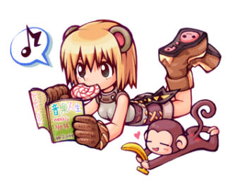 1girl 2000s_(style) animal_ears bad_id banana bear_ears black_eyes blonde_hair boots breasts brown_boots brown_gloves brown_shorts candy commentary_request dated_commentary fake_animal_ears food fruit full_body gloves grey_shirt korean_commentary lollipop lowres lying monkey monster_gogo novice_(ragnarok_online) official_art on_stomach poring ragnarok_online reading shirt short_hair shorts sleeveless sleeveless_shirt small_breasts solo swirl_lollipop the_pose yoyo_(ragnarok_online)