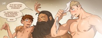 3boys bara beard blush chilchuck_tims dantesrealm dungeon_meshi dwarf english_text facial_hair full_beard handjob highres laios_touden large_pectorals long_beard male_focus mature_male multiple_boys muscular muscular_male mustache out-of-frame_censoring paid_reward_available pectorals sauna senshi_(dungeon_meshi) sparse_chest_hair steam surprised thick_beard thick_mustache towel upper_body very_long_beard yaoi
