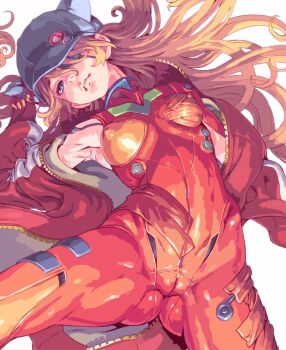 animal_ear_headwear black_hat blue_eyes bodysuit cameltoe covered_erect_nipples fake_animal_ears hat highres honzawa_yuuichirou jacket looking_at_viewer mecha_pilot_suit neon_genesis_evangelion plugsuit_(evangelion) rebuild_of_evangelion red_bodysuit red_jacket souryuu_asuka_langley