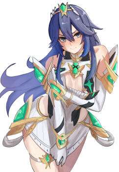 1girl absurdres alternate_costume amausa_subee angry bare_shoulders blue_eyes blue_hair blush breasts cleavage_cutout closed_mouth clothing_cutout commentary_request cosplay covering_breasts covering_crotch covering_privates crossover dress dress_tug elbow_gloves embarrassed fire_emblem fire_emblem_awakening floating_hair gloves hair_between_eyes highres long_hair looking_at_viewer lucina_(fire_emblem) medium_breasts mythra_(xenoblade) mythra_(xenoblade)_(cosplay) nintendo oversized_clothes revealing_clothes simple_background skindentation solo thick_thighs thighs very_long_hair wardrobe_malfunction white_background white_dress white_gloves wide_hips xenoblade_chronicles_(series) xenoblade_chronicles_2