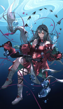 1girl absurdres air_bubble arknights bare_shoulders boots bubble closed_mouth clothing_cutout commentary detached_sleeves dress frilled_sleeves frills full_body gloves green_gloves grey_boots grey_hair hair_between_eyes highres knee_boots long_hair long_sleeves looking_at_viewer multiple_thigh_straps navel navel_cutout red_dress red_eyes red_sleeves skadi_(arknights) skadi_the_corrupting_heart_(arknights) solo submerged takiren thigh_strap underwater