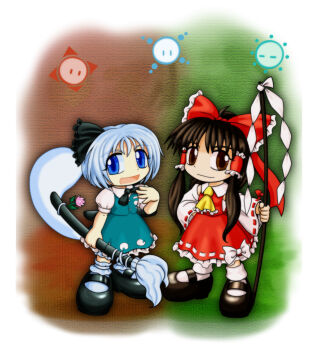 Rule 34 | 2girls, ascot, black bow, black bowtie, black shoes, blue eyes, bow, bowtie, chibi, detached sleeves, divine spirit (touhou), frilled bow, frilled hair tubes, frills, gohei, green vest, grey hair, hair bow, hair tubes, hakurei reimu, highres, hitodama, hitodama print, katana, konpaku youmu, konpaku youmu (ghost), looking at viewer, mail (mail gell), multiple girls, nontraditional miko, red bow, red skirt, ribbon-trimmed sleeves, ribbon trim, scabbard, sheath, shoes, short hair, skirt, skirt set, smile, sword, sword tassel, tassel, ten desires, touhou, two-tone background, vest, weapon, yellow ascot