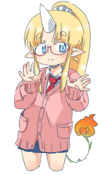 Rule 34 | 1girl, blonde hair, blue eyes, blue skirt, cardigan, closed mouth, collared shirt, croixsan, futaba channel, glasses, hands up, horns, image sample, kirin (nijiura maids), long hair, long sleeves, miniskirt, necktie, nijiura maids, pink cardigan, pleated skirt, pointy ears, ponytail, red-framed eyewear, red necktie, semi-rimless eyewear, shirt, simple background, single horn, skirt, sleeves past wrists, smile, solo, split mouth, tail, under-rim eyewear, white background, white horns, white shirt