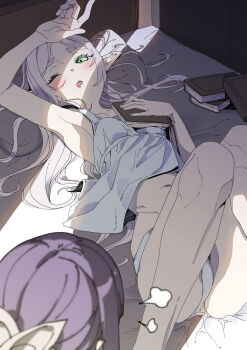 2girls absurdres armpits blush book breasts camisole fern_(sousou_no_frieren) frieren green_eyes grey_hair highres long_hair looking_at_another lying multiple_girls on_back on_bed one_eye_closed panties purple_hair shiratama_(siratama5656) small_breasts sousou_no_frieren underwear waking_up white_panties