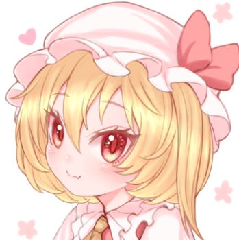 1girl blonde_hair blush bow closed_mouth commentary_request fang fang_out flandre_scarlet frilled_shirt_collar frills harunoha hat hat_bow looking_at_viewer mob_cap one_side_up orange_eyes pink_bow portrait short_hair simple_background smile solo touhou white_background