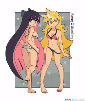 2girls absurdres ass bare_shoulders barefoot black_hair black_panties blonde_hair blunt_bangs blush bow bra breasts butt_crack character_name collarbone colored_inner_hair framed full_body grey_background hair_between_eyes hair_bow highres keetydraws long_hair medium_breasts multicolored_hair multiple_girls navel outside_border panties panty_&amp;_stocking_with_garterbelt panty_(psg) pink_bra pink_hair standing stocking_(psg) stomach striped_bra striped_clothes striped_panties two-tone_hair underwear white_background