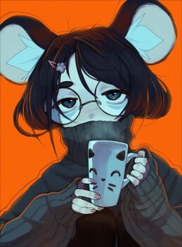 Rule 34 | 1girl, absurdres, animal ears, black-framed eyewear, black hair, blue eyes, brown sweater, commentary, cup, english commentary, glasses, hair ornament, hairclip, highres, holding, holding cup, long sleeves, mouse ears, mouse girl, mug, orange background, original, parasoru buruu, pink nails, round eyewear, short hair, simple background, sleeves past wrists, solo, sweater, turtleneck, turtleneck sweater, upper body