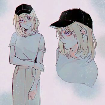 Rule 34 | 1girl, bang dream!, bang dream! it's mygo!!!!!, baseball cap, black hat, blonde hair, hand on own arm, hat, maybecrosswise, medium hair, misumi uika, multiple views, pants, purple eyes, shirt, short sleeves, white shirt