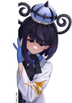 1girl absurdres black_dress black_hair blush closed_mouth coat dress gloves gradient_hair gwynn_(pokemon) hat highres long_sleeves looking_at_viewer mega_stone multicolored_hair nintendo obi3 partially_fingerless_gloves pokemon pokemon_legends:_z-a purple_eyes purple_hair short_hair smile solo twitter_username upper_body white_background white_coat