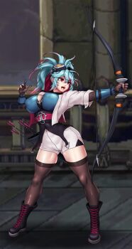 1girl archer_(dungeon_and_fighter) archery archery_shooting_glove arm_armor armor arrow_(projectile) belt black_boots blue_armor blue_hair boots bow_(weapon) breasts brown_gloves brown_thighhighs cleavage_cutout clothing_cutout dungeon_and_fighter full_body gloves goggles goggles_on_head hair_between_eyes hand_up high_ponytail highres holding holding_bow_(weapon) holding_weapon index_finger_raised large_variant_set lips looking_to_the_side multicolored_hair ningyoushi open_clothes open_mouth open_shirt outstretched_arm partially_fingerless_gloves pink_hair pink_lips ponytail quiver red_belt red_eyes shadow shirt short_shorts shorts sidelocks smile solo spread_legs standing teeth thighhighs tongue turning_head underbust upper_teeth_only variant_set weapon white_shirt white_shorts