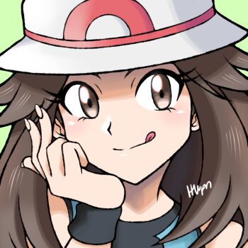 1girl :q brown_eyes brown_hair commentary green_background hat inglebard inward_v leaf_(pokemon) long_hair looking_at_viewer nintendo pokemon pokemon_frlg porkpie_hat profile_picture shirt signature sleeveless sleeveless_shirt smile solo symbol-only_commentary tongue tongue_out v white_hat wristband
