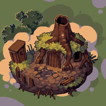 artist_name cloud commentary crescent diorama door english_commentary foliage green_background hut log nature no_humans nop_(nop_pixels) outdoors outhouse pixel_art plant plant_roots puddle scenery shrek_(series) tree tree_stump water wetland