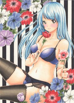 Rule 34 | 1girl, absurdres, black garter belt, black garter straps, black thighhighs, blue flower, blue hair, blush, bow, bow bra, bow panties, bra, breasts, closed mouth, collarbone, commentary request, cowboy shot, flower, garter belt, garter straps, grey eyes, highres, holding, holding flower, large breasts, light smile, lingerie, long hair, looking at viewer, midori (mira567), mole, navel, original, panties, pink flower, purple bra, purple panties, red flower, sitting, solo, stomach, straight hair, striped background, thighhighs, underwear, underwear only, vertical-striped background, white flower
