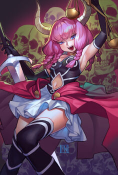 1girl armpits aura_(sousou_no_frieren) balance_scale blue_eyes braid breasts clothing_cutout corset demon_girl demon_horns dutch_angle elbow_gloves evil_smile gloves gold_necklace highres holding holding_scale holding_sword holding_weapon horns jewelry lips long_hair looking_at_viewer low-braided_long_hair low-tied_long_hair medium_breasts multiple_braids navel_cutout necklace overskirt pile_of_skulls poch4n quad_braids red_background signature skeleton skirt skull smile sousou_no_frieren sword teeth thighs weapon weighing_scale white_skirt white_trim