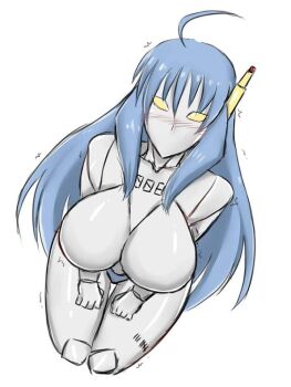 Rule 34 | 1girl, ahoge, android, antenna, blue hair, blush, breasts, clenched hands, from above, gynoid, hands on lap, humanoid robot, kneeling, large breasts, long hair, looking at viewer, looking up, no nipples, nutpi, original, robot, robot girl, seiza, simple background, sitting, solo, tally, white background, yellow eyes