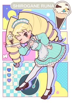 1girl apron aqua_dress big_hair blonde_hair blush_stickers brown_eyes character_name closed_mouth detached_sleeves dress drill_hair eyelashes food full_body heart high_heels highres holding holding_plate ice_cream ice_cream_cone long_hair looking_at_viewer luna_platz_(mega_man) maid maid_apron maid_headdress mega_man_(series) mega_man_star_force_(series) miyata_(lhr) one_eye_closed plate puffy_sleeves solo thighhighs twin_drills very_long_hair white_thighhighs