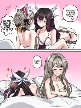 2girls aftersex anger_vein bare_arms black_hair blush bra breasts cleavage closed_eyes closed_mouth columbina_(genshin_impact) commentary crossed_arms ecchinoidea english_commentary genshin_impact grey_hair heart hickey highres large_breasts long_hair multiple_girls open_mouth panties purple_streaks sandrone_(genshin_impact) speech_bubble thighhighs under_covers underwear white_bra white_panties white_thighhighs yuri