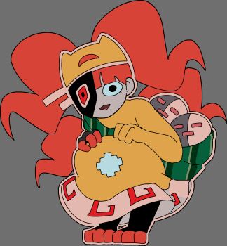 Rule 34 | 1girl, 2others, animal feet, animal hat, aztec glyphs, black eyes, blunt bangs, cat hat, colored skin, dress, ena: dream bbq, ena (series), grey skin, hat, highres, kekeken, long hair, mask, multicolored skin, multiple others, open mouth, red eyes, red hair, smile, split-color skin, squatting, taski maiden (ena), taski maiden companion, two-tone skin, yellow dress, yellow hat