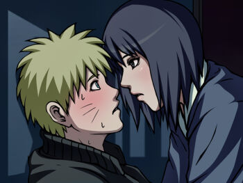 Rule 34 | 1boy, 1girl, against wall, age difference, black eyes, black hair, blonde hair, blue eyes, blush, couple, eye contact, facial mark, facing another, from side, hetero, imminent kiss, indoors, jacket, japanese clothes, kimono, leaning forward, leaning in, looking at another, matching hair/eyes, naruto (classic), naruto (series), naruto shippuuden, nervous, night, parted lips, room, shadow, shizune (naruto), short hair, sweat, tk (tk's level4), upper body, uzumaki naruto, wall, whisker markings, whiskers
