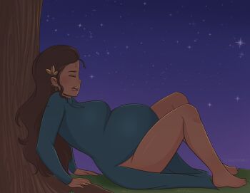 1girl artist_logo big_belly breasts brown_hair closed_eyes commission dress ear_piercing earrings giving_birth grass hands_on_ground heavy_breathing highres jewelry legs logo long_hair lunarpix_(artist) lying navel necklace open_mouth original piercing pregnant purple_sky pushing sky spread_legs star_(sky) sweat sweatdrop teeth tongue tree