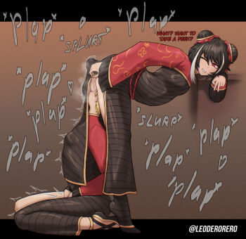 1futa 1girl black_dress black_hair blonde_hair blush breasts chinese_clothes coat commentary commission covered_face covered_fellatio covered_testicles don_quixote_(project_moon) double_bun dress english_commentary english_text fellatio from_side futa_with_female futanari hair_bun heart highres irrumatio jia_xichun_(project_moon) leoderorero limbus_company long_sleeves multicolored_hair nail_polish one_eye_closed open_mouth oral orgasm penis pink_eyes project_moon red_nails red_shrug reverse_fellatio ringed_eyes rope_belt shrug_(clothing) side_slit simple_background sitting small_breasts smile sound_effects stealth_fellatio stealth_sex steaming_body streaked_hair testicles twitching v wariza white_streaks wide_sleeves