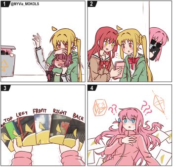 4girls ? ?? arrow_(symbol) blonde_hair blue_eyes blush bocchi_the_rock! braid cellphone closed_eyes confused cube_hair_ornament empty_eyes fang flying_sweatdrops glasses gotoh_hitori green_eyes green_hoodie hair_ornament headlock highres hiroi_kikuri holding holding_phone holding_photo hood hood_down hoodie ijichi_nijika kita_ikuyo long_hair looking_at_phone mask mouth_mask multiple_girls myvia_mokols open_mouth phone photo_(object) pink_hair pink_track_suit ponytail purple_hair recycle_bin recycling_symbol red_eyes red_hair school_uniform side_ahoge side_ponytail single_braid stalking sunglasses sweat track_suit